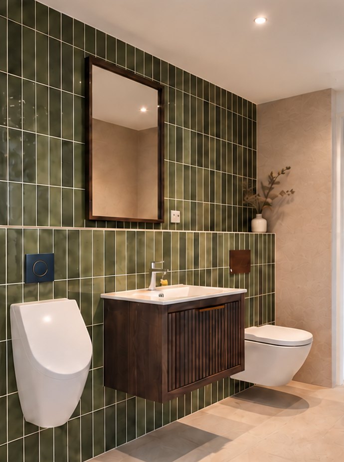 Eigenes Projekt: Gäste-WC mit grünen Wandfliesen, Spiegel und Waschtisch aus dunklem Holz